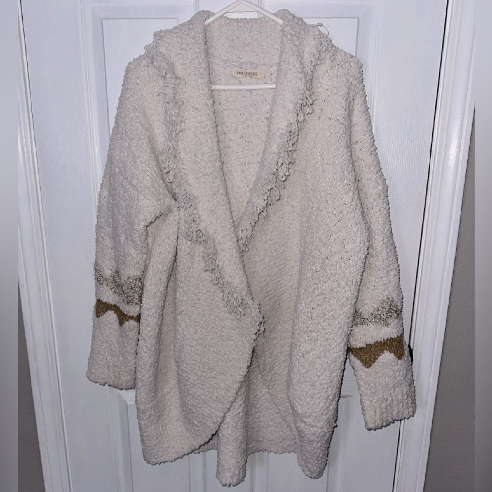 Anthropologie SOLITAIRE cream gold popcorn fringe cardigan boho soft oversize